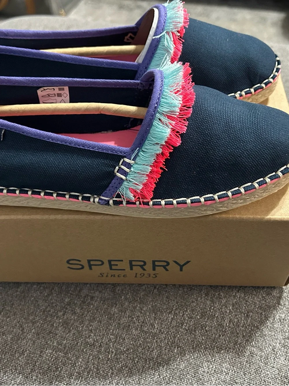 Sperry Navy Slip-On Flats with Pink & Aqua Fringe
